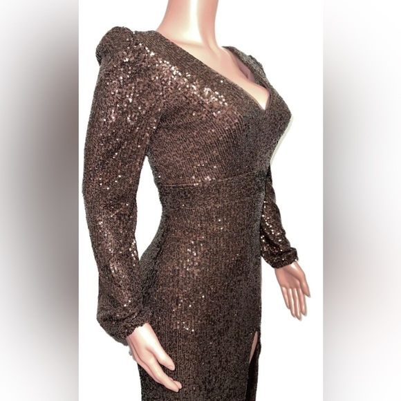 Brown Sequin Evening Gown Bridesmaid ball evening Dress front split Glam 6  nwts - Picture 2 of 4